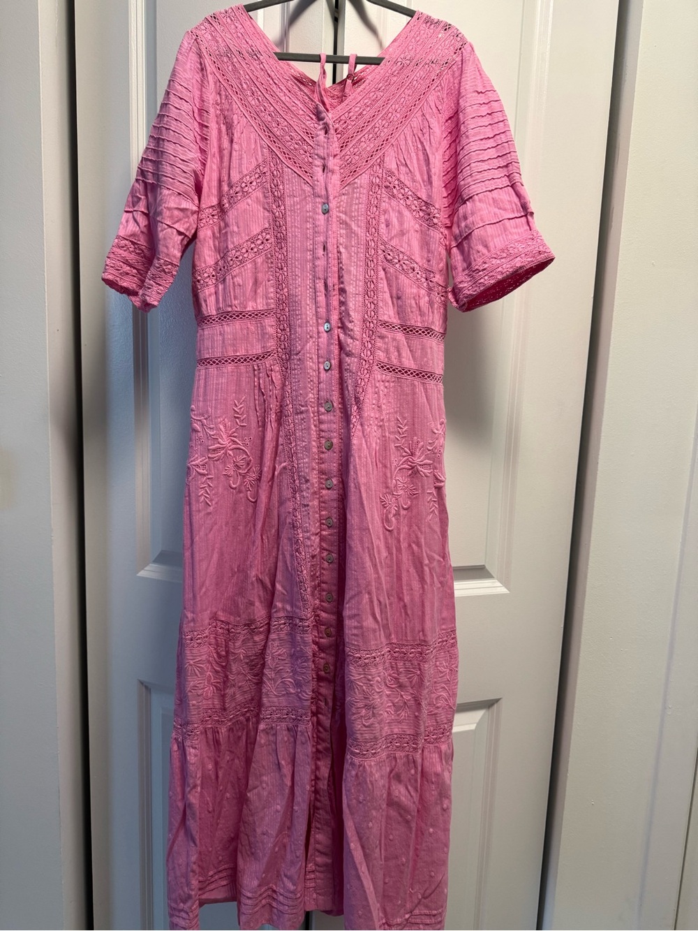 LoveShackFancy Pink Embroidered Button-Front Maxi Dress